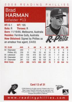 2008 MultiAd Reading Phillies #13 Brad Harman Back