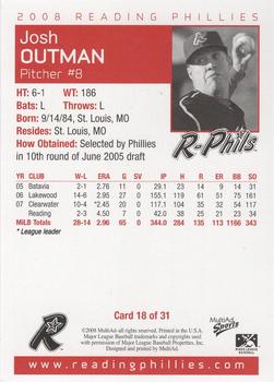 2008 MultiAd Reading Phillies #18 Josh Outman Back