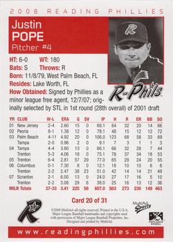 2008 MultiAd Reading Phillies #20 Justin Pope Back