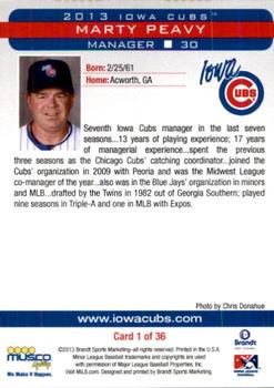 2013 Brandt Iowa Cubs #1 Marty Pevey Back