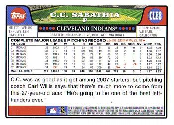 2008 Topps Cleveland Indians #CLE8 CC Sabathia Back