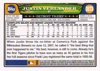 2008 Topps Detroit Tigers #DET3 Justin Verlander Back