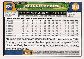 2008 Topps New York Mets #NYM5 Oliver Perez Back