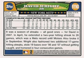 2008 Topps New York Mets #NYM8 David Wright Back