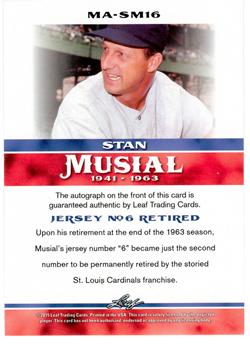 2015 Leaf Heroes of Baseball - Stan Musial Milestones Autographs #MA-SM16 Stan Musial Back