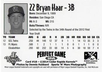 2014 Perfect Game Cedar Rapids Kernels #18 Bryan Haar Back