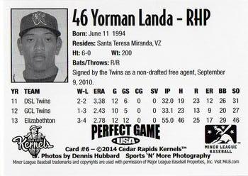 2014 Perfect Game Cedar Rapids Kernels #6 Yorman Landa Back