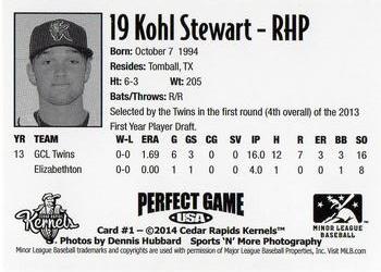 2014 Perfect Game Cedar Rapids Kernels #1 Kohl Stewart Back