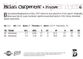 1997 Best Binghamton Mets #6 Brian Carpenter Back