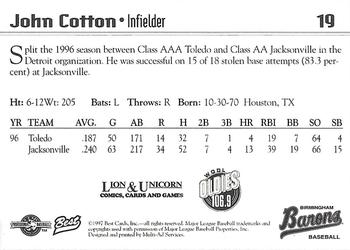 1997 Best Birmingham Barons #19 John Cotton Back