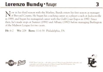 1997 Best Brevard County Manatees #3 Lorenzo Bundy Back