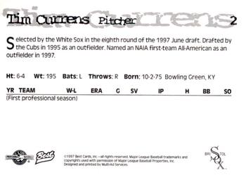 1997 Best Bristol White Sox #2 Tim Currens Back
