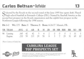 1997 Best Carolina League Top Prospects #13 Carlos Beltran Back