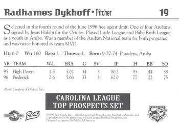 1997 Best Carolina League Top Prospects #19 Radhames Dykhoff Back