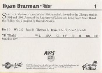 1997 Best Clearwater Phillies #1 Ryan Brannan Back