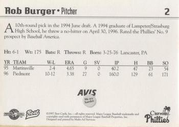 1997 Best Clearwater Phillies #2 Rob Burger Back