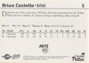 1997 Best Clearwater Phillies #5 Brian Costello Back