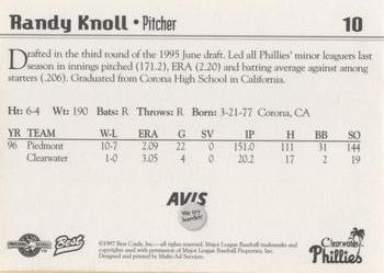 1997 Best Clearwater Phillies #10 Randy Knoll Back