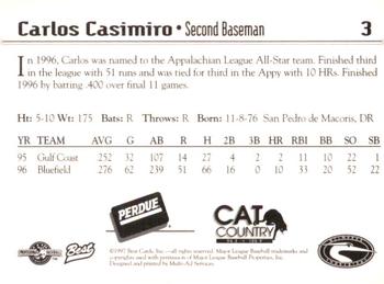 1997 Best Delmarva Shorebirds #3 Carlos Casimiro Back