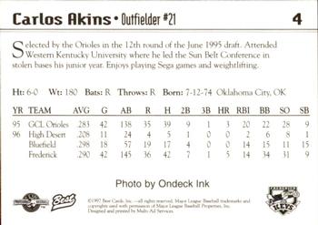 1997 Best Frederick Keys #4 Carlos Akins Back