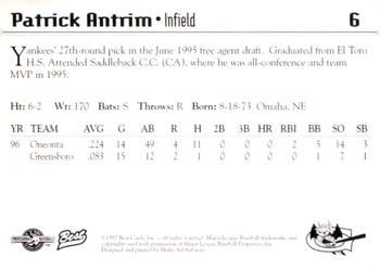 1997 Best Greensboro Bats #6 Patrick Antrim Back