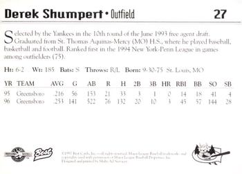 1997 Best Greensboro Bats #27 Derek Shumpert Back
