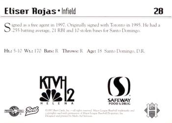 1997 Best Helena Brewers #28 Eliser Rojas Back