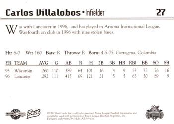 1997 Best Lancaster JetHawks #27 Carlos Villalobos Back