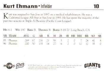 1997 Best San Jose Giants #10 Kurt Ehmann Back