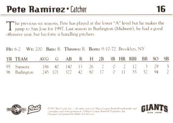1997 Best San Jose Giants #16 Pete Ramirez Back