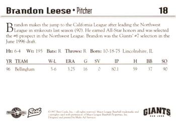 1997 Best San Jose Giants #18 Brandon Leese Back