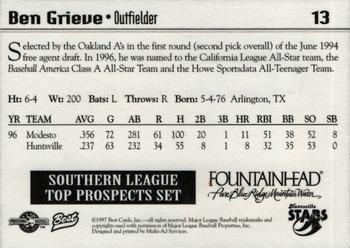 1997 Best Southern League Top Prospects #13 Ben Grieve Back