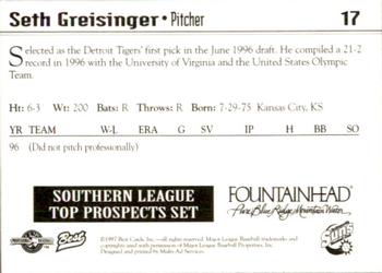1997 Best Southern League Top Prospects #17 Seth Greisinger Back