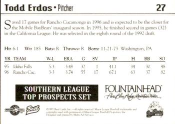 1997 Best Southern League Top Prospects #27 Todd Erdos Back