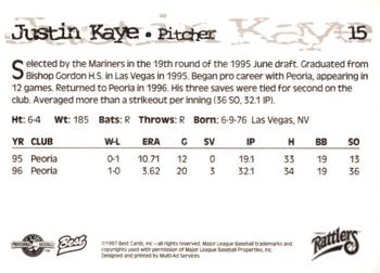 1997 Best Wisconsin Timber Rattlers #15 Justin Kaye Back