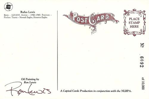 1991 Ron Lewis Negro Leagues Postcards #30 Rufus Lewis Back