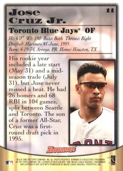 1998 Bowman - Certified Autographs Blue Foil #11 Jose Cruz Jr. Back