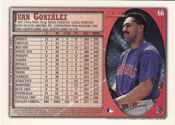 1998 Bowman - International #66 Juan Gonzalez Back