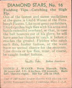 1934-36 National Chicle Diamond Stars (R327) #16 Lloyd Waner Back