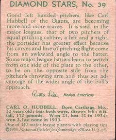 1934-36 National Chicle Diamond Stars (R327) #39 Carl Hubbell Back
