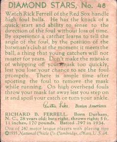 1934-36 National Chicle Diamond Stars (R327) #48 Rick Ferrell Back