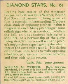 1934-36 National Chicle Diamond Stars (R327) #61 Billy Werber Back