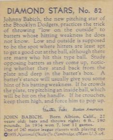1934-36 National Chicle Diamond Stars (R327) #82 Johnny Babich Back