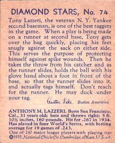 1934-36 National Chicle Diamond Stars (R327) #74 Tony Lazzeri Back