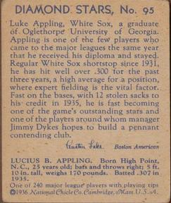 1934-36 National Chicle Diamond Stars (R327) #95 Luke Appling Back