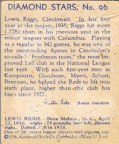1934-36 National Chicle Diamond Stars (R327) #96 Lew Riggs Back