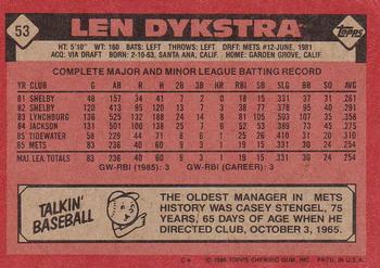 1986 Topps #53 Len Dykstra Back
