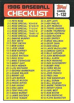 1986 Topps #131 Checklist: 1-132 Front