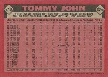 1986 Topps #240 Tommy John Back