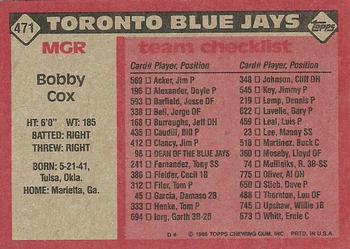 1986 Topps #471 Bobby Cox Back